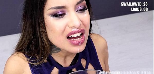  Premium Bukkake - Roxy Lips swallows 45 huge mouthful cum loads